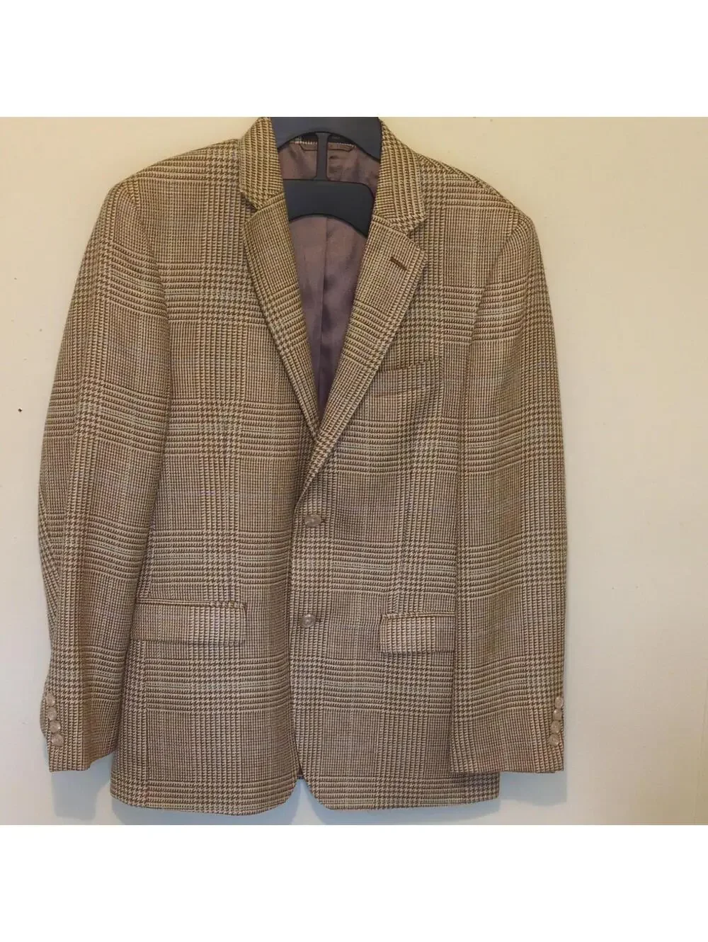 Lauren Ralph Lauren Slim Fit Brown Beige Plaid Wool Silk Linen Suit  Jacket 39R